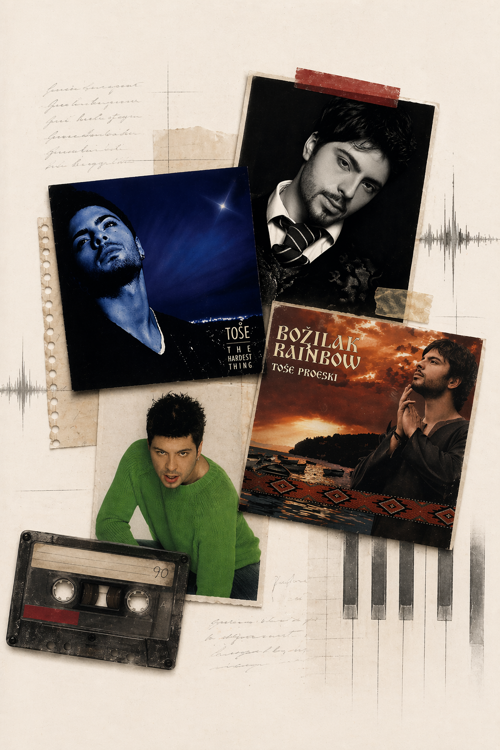 Collage of Toše Proeski photographs, album covers, cassette tape, and music ephemera